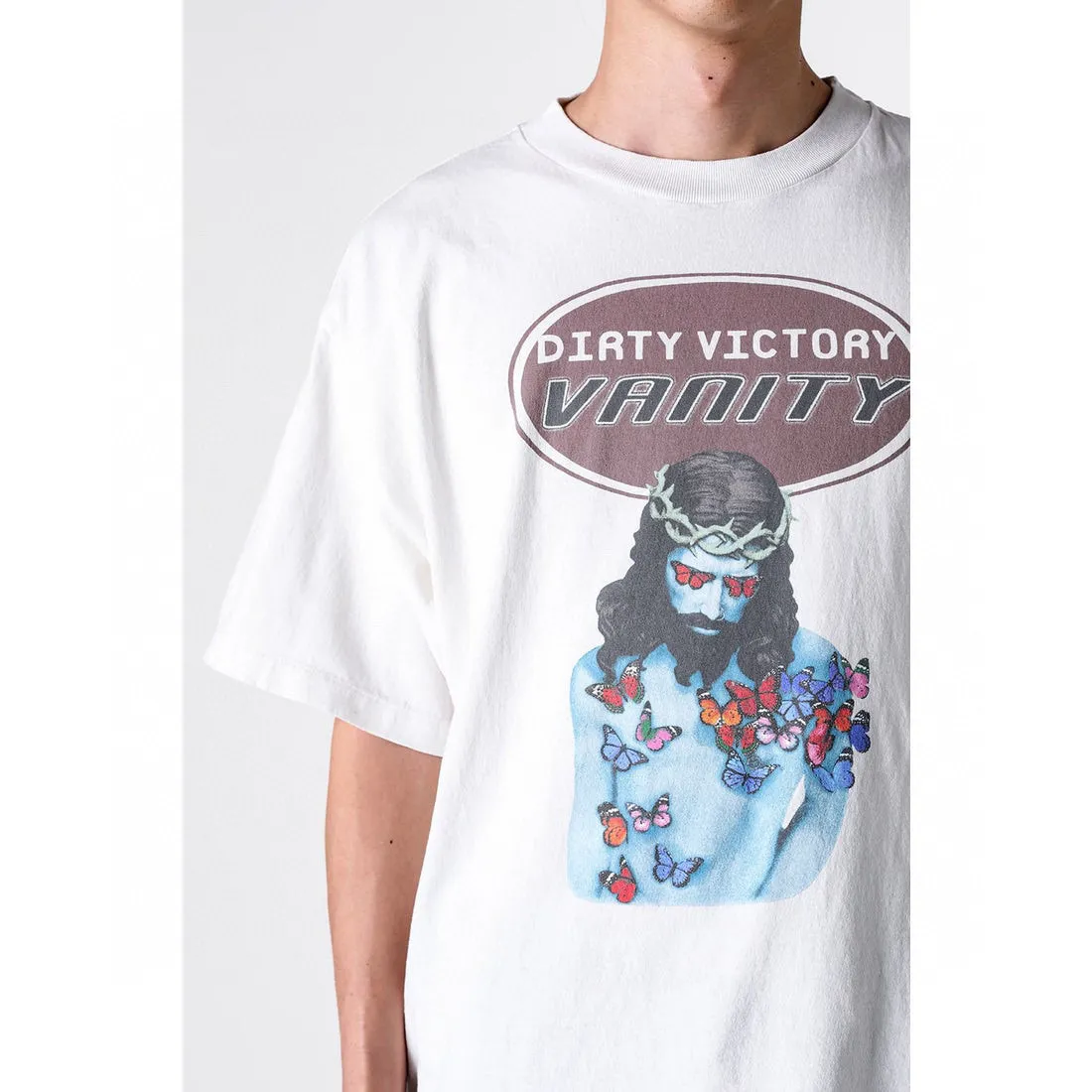 SAINT Mxxxxxx VANITY SS TEE/WHT Jesus Butterfly Print Short Sleeve Off-White S-XL Cylindrical No Side Seam Fabric 220g High Weight OE Yarn ⚠️Note: It is almost meaningless if it is not a cylindrical fabric Customized main mark/wash mark/little angel anti-counterfeiting label Original-level printing factory Top purchasing level